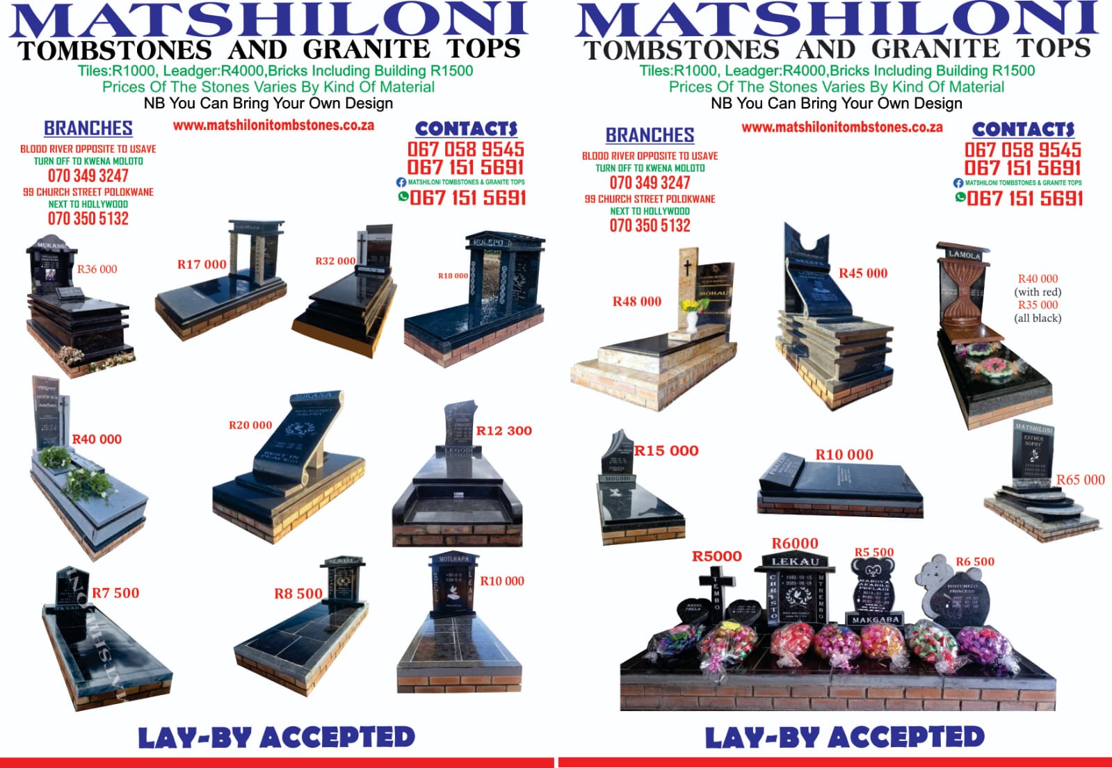 Matshiloni Tombstones & Granite Tops — Price List Flyer